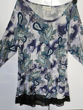 LARA Teal Navy Paisley Scoop Neck Tunic 3/4 Sleeve XL